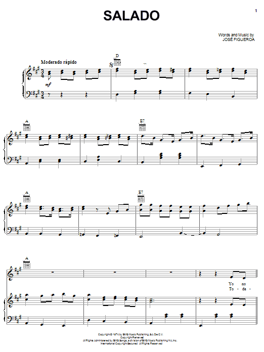 Download Pepe Aguilar Salado Sheet Music and learn how to play Piano, Vocal & Guitar (Right-Hand Melody) PDF digital score in minutes