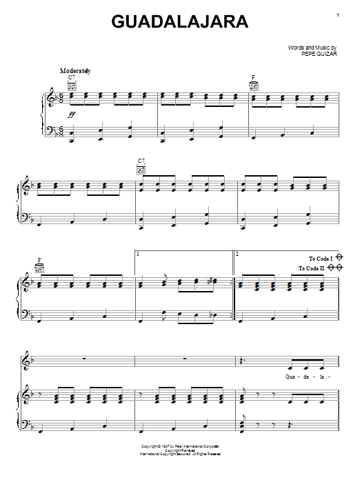 Download Pepe Guizar Guadalajara Sheet Music and learn how to play Piano, Vocal & Guitar (Right-Hand Melody) PDF digital score in minutes