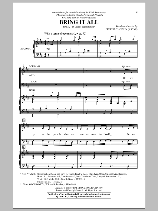 Download Pepper Choplin Bring It All Sheet Music and learn how to play SATB PDF digital score in minutes