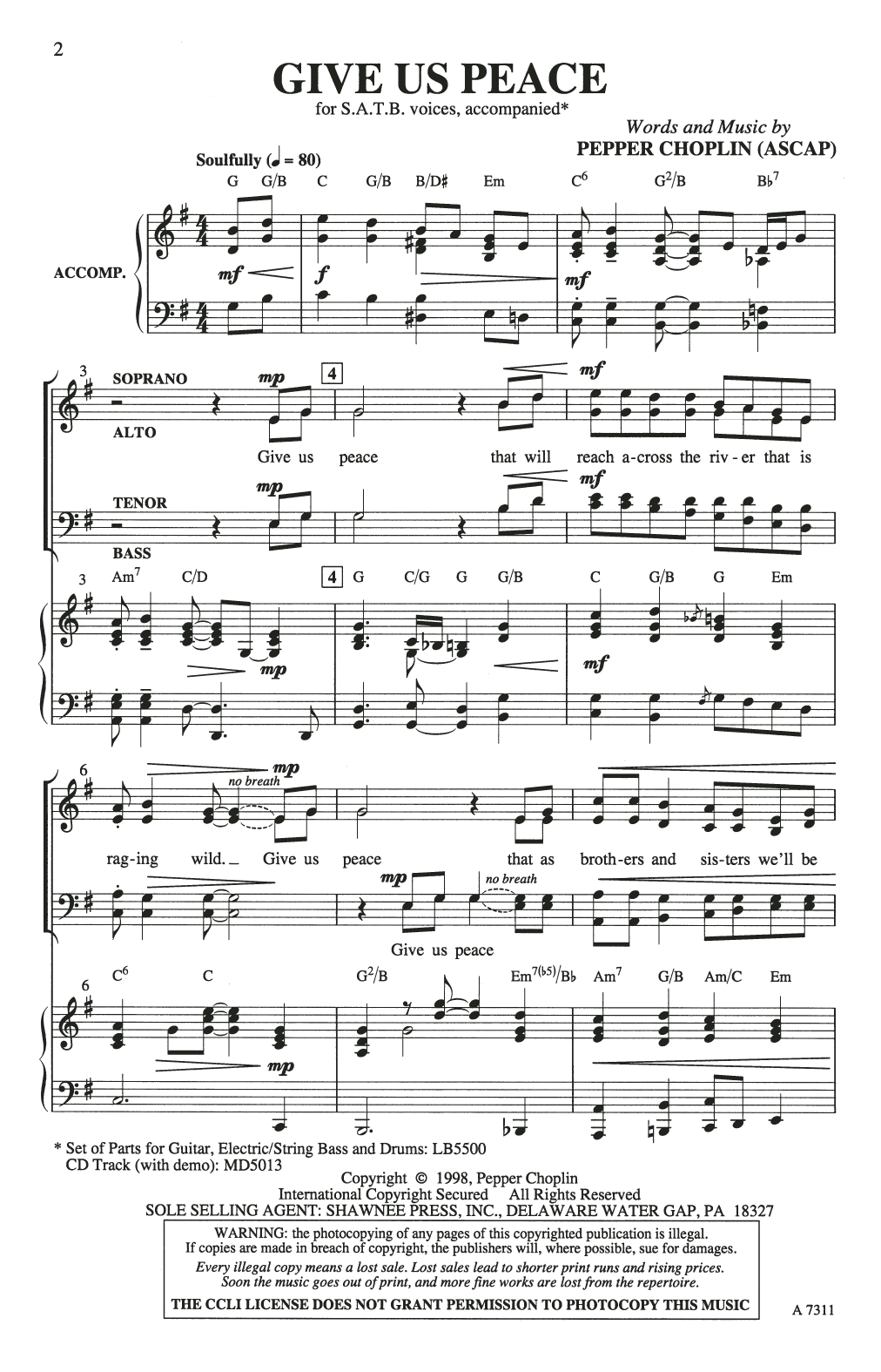 Download Pepper Choplin Give Us Peace Sheet Music and learn how to play SATB Choir PDF digital score in minutes