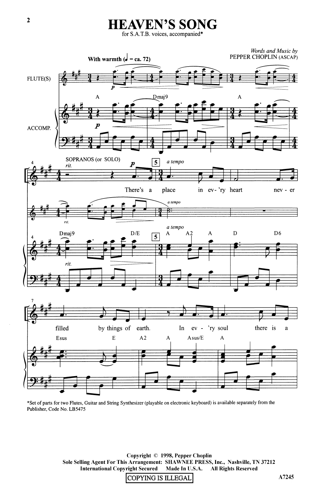 Download Pepper Choplin Heaven's Song Sheet Music and learn how to play SATB Choir PDF digital score in minutes