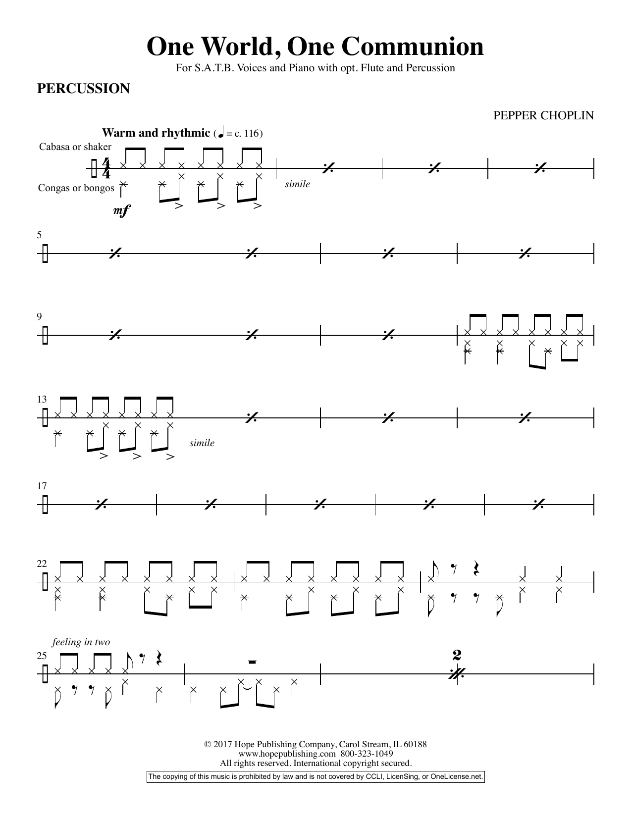 Download Pepper Choplin One World Communion - Percussion Sheet Music and learn how to play Choir Instrumental Pak PDF digital score in minutes