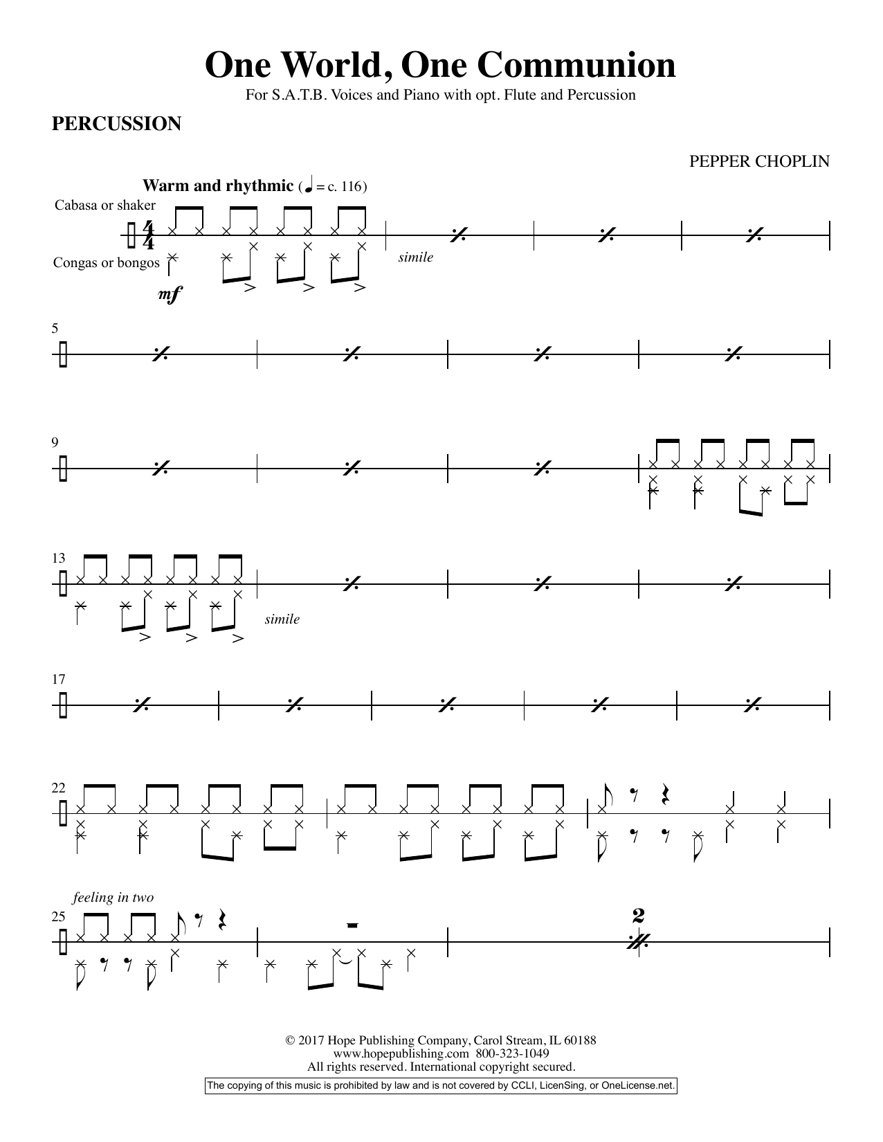 Download Pepper Choplin One World, One Communion - Percussion Sheet Music and learn how to play Choir Instrumental Pak PDF digital score in minutes