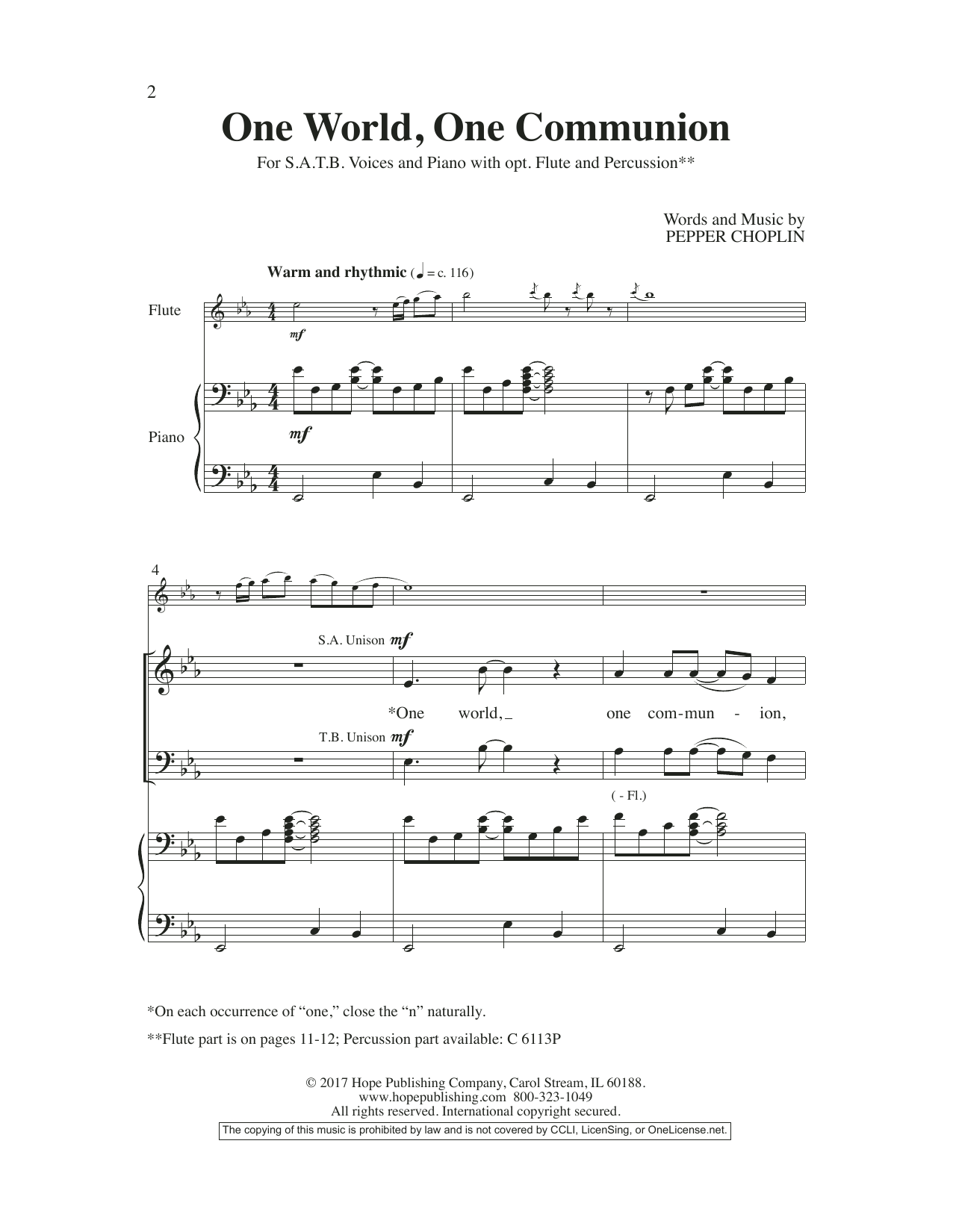 Download Pepper Choplin One World, One Communion Sheet Music and learn how to play SATB Choir PDF digital score in minutes