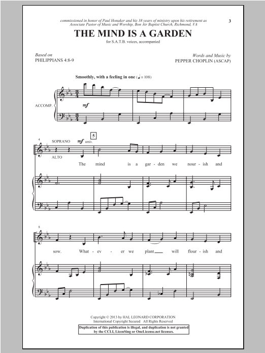 Download Pepper Choplin The Mind Is A Garden Sheet Music and learn how to play SATB PDF digital score in minutes