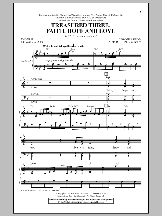 Download Pepper Choplin Treasured Three: Faith, Hope And Love Sheet Music and learn how to play SATB PDF digital score in minutes