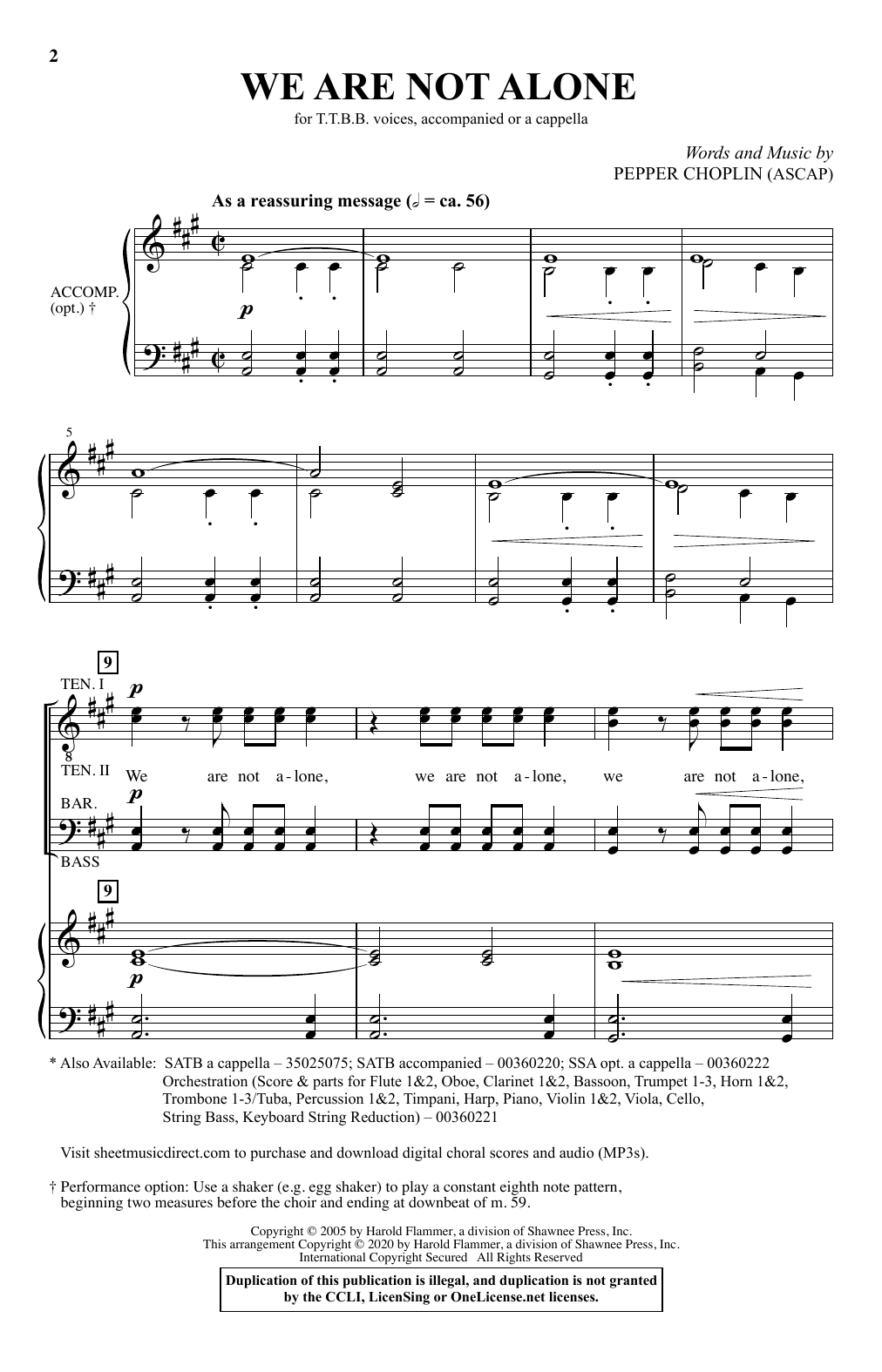 Download Pepper Choplin We Are Not Alone Sheet Music and learn how to play SATB Choir PDF digital score in minutes
