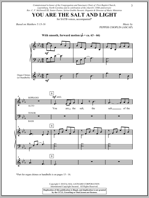 Download Pepper Choplin You Are The Salt And The Light Sheet Music and learn how to play SATB Choir PDF digital score in minutes