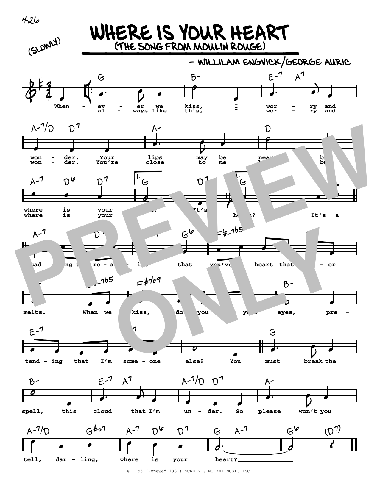 Download Percy Faith and His Orchestra Where Is Your Heart (from Moulin Rouge) (High Voice) Sheet Music and learn how to play Real Book – Melody, Lyrics & Chords PDF digital score in minutes