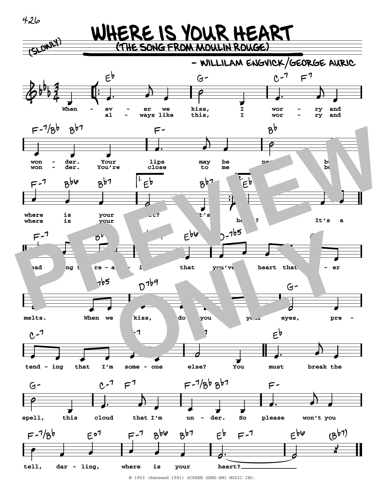 Download Percy Faith and His Orchestra Where Is Your Heart (The Song From Moulin Rouge) (Low Voice) Sheet Music and learn how to play Real Book – Melody, Lyrics & Chords PDF digital score in minutes