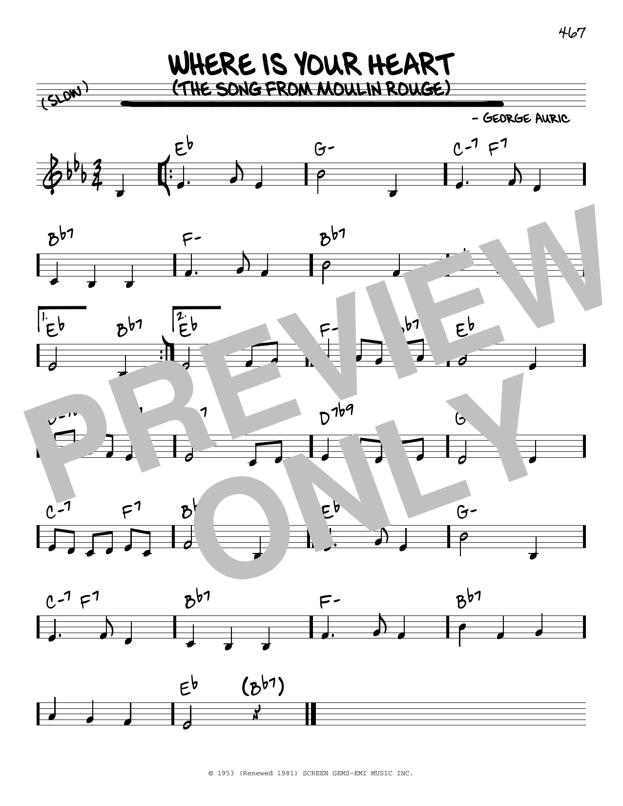 Download Percy Faith and His Orchestra Where Is Your Heart (The Song From Moulin Rouge) Sheet Music and learn how to play Real Book – Melody & Chords PDF digital score in minutes