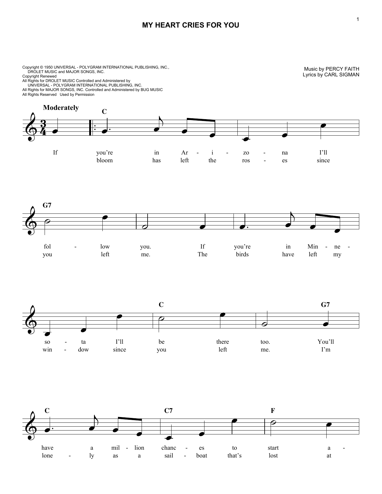 Download Percy Faith My Heart Cries For You Sheet Music and learn how to play Melody Line, Lyrics & Chords PDF digital score in minutes