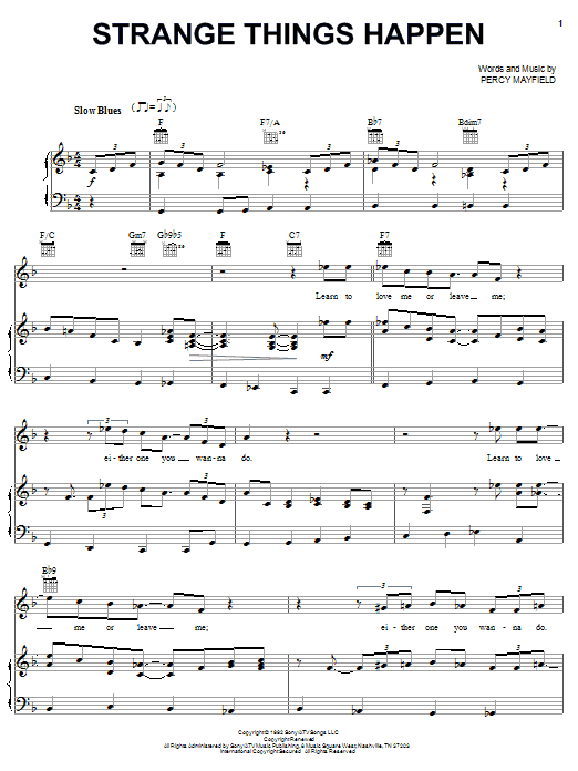 Download Percy Mayfield Strange Things Happen Sheet Music and learn how to play Piano, Vocal & Guitar (Right-Hand Melody) PDF digital score in minutes