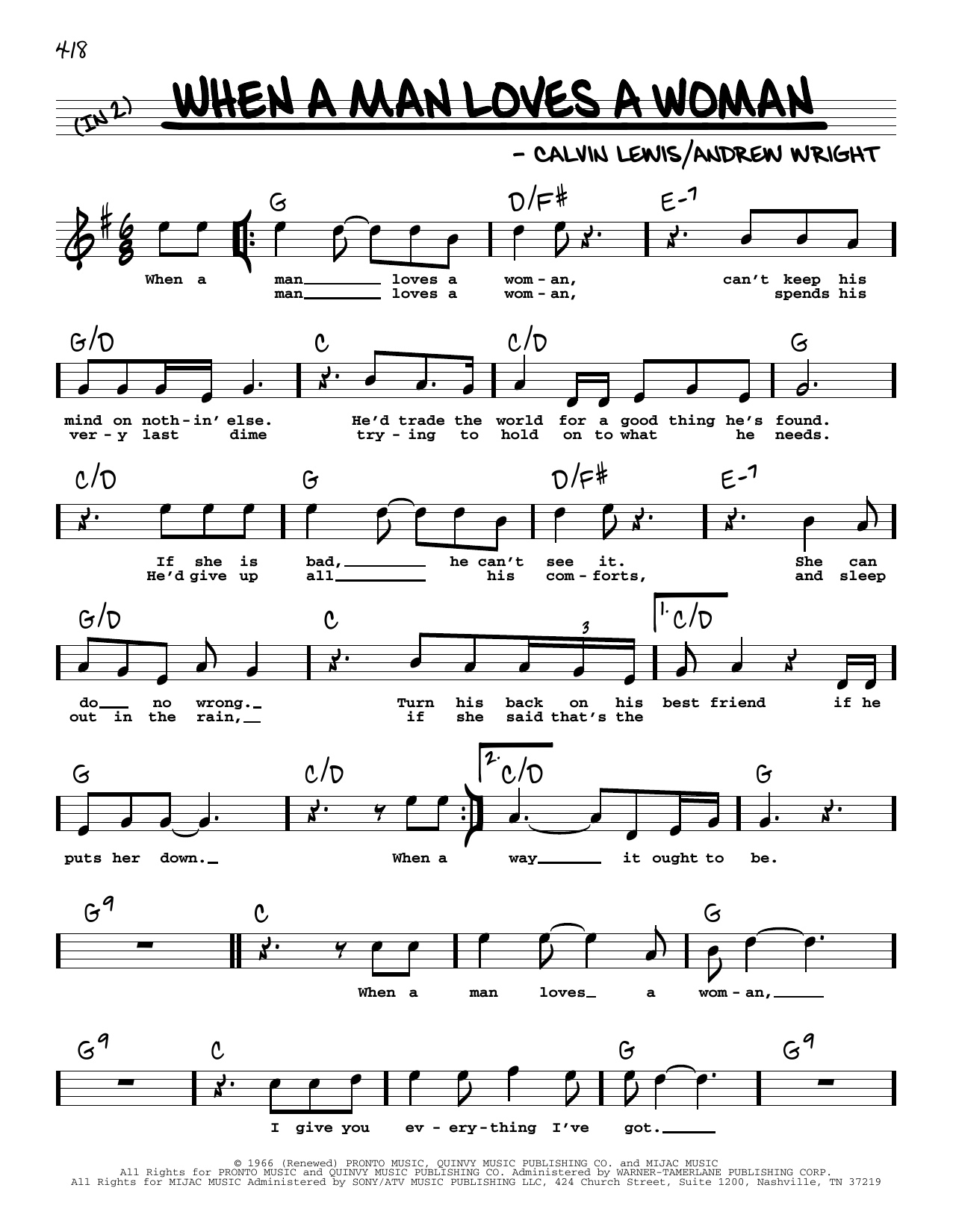 Download Percy Sledge When A Man Loves A Woman (High Voice) Sheet Music and learn how to play Real Book – Melody, Lyrics & Chords PDF digital score in minutes