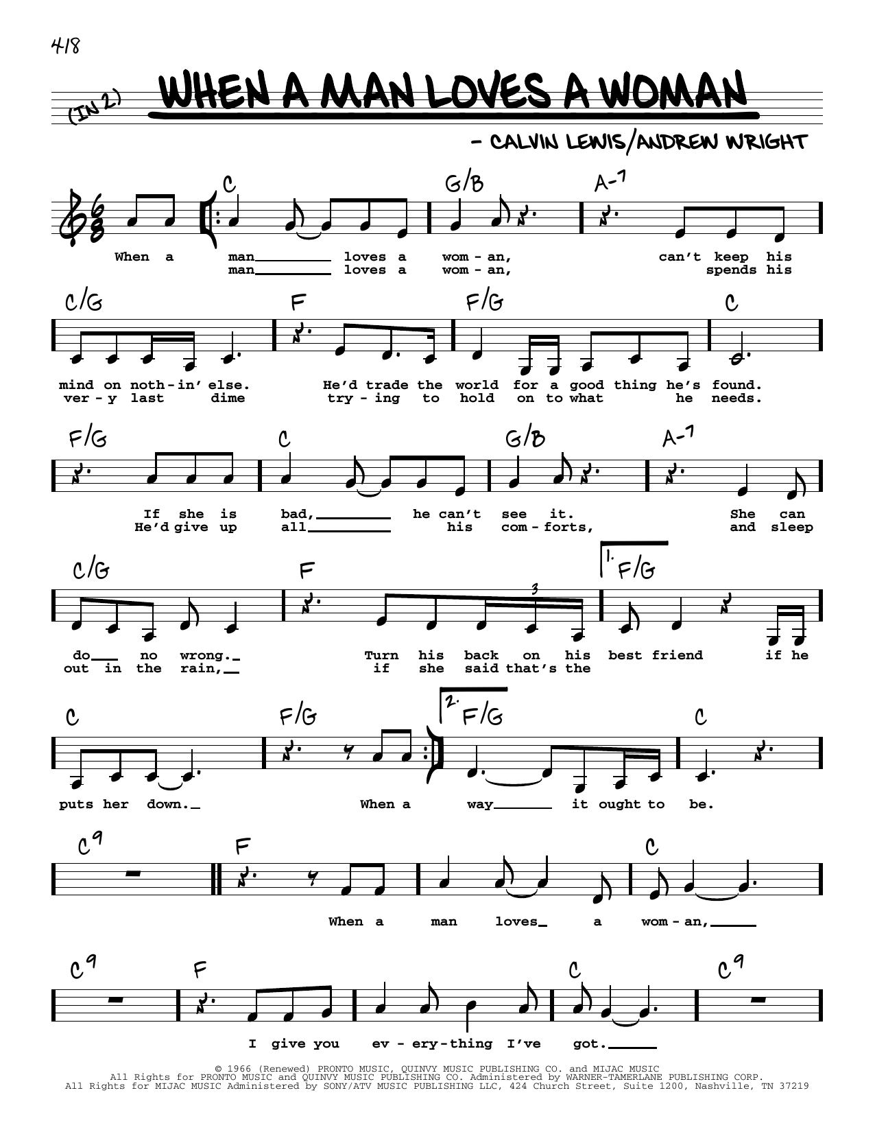 Download Percy Sledge When A Man Loves A Woman (Low Voice) Sheet Music and learn how to play Real Book – Melody, Lyrics & Chords PDF digital score in minutes