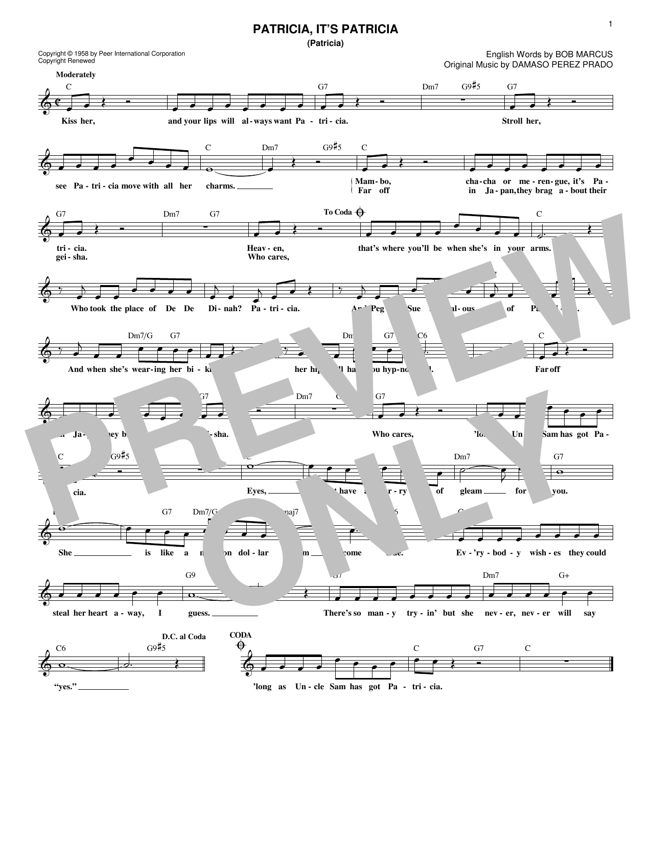 Download Perez Prado & His Orchestra Patricia, It's Patricia (Patricia) Sheet Music and learn how to play Melody Line, Lyrics & Chords PDF digital score in minutes