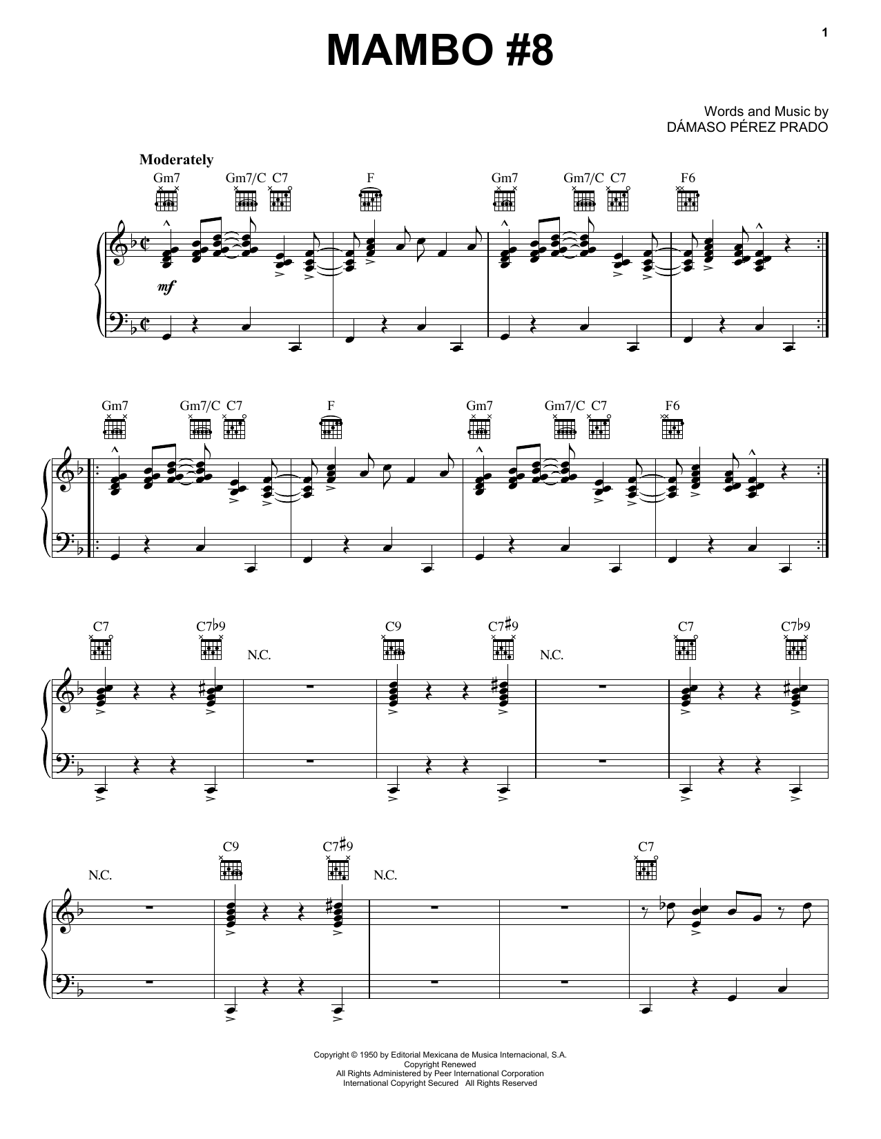 Download Pérez Prado Mambo #8 Sheet Music and learn how to play Piano, Vocal & Guitar Chords (Right-Hand Melody) PDF digital score in minutes