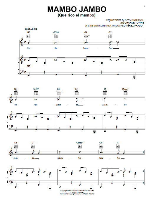 Download Perez Prado Sheet Music and learn how to play Piano, Vocal & Guitar (Right-Hand Melody) PDF score in minutes
