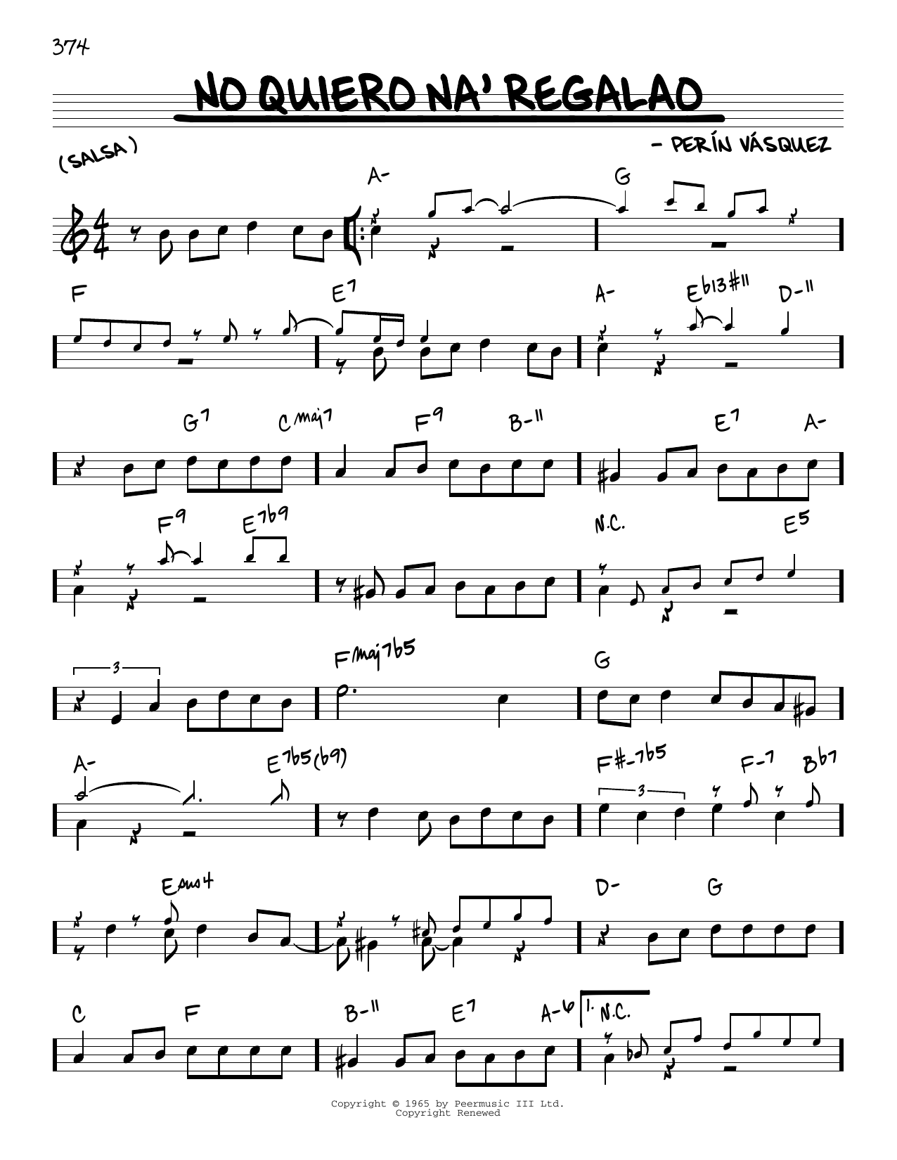 Download Perin Vasquez No Quiero Na' Regalao Sheet Music and learn how to play Real Book – Melody & Chords PDF digital score in minutes