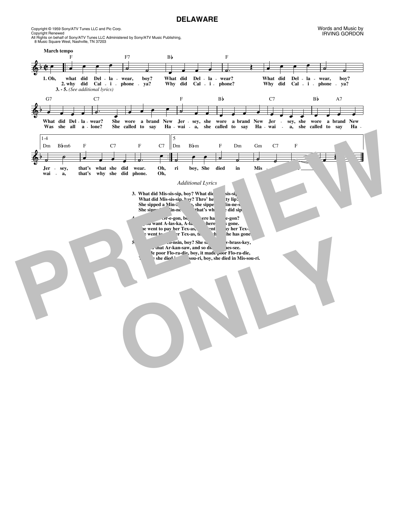 Download Perry Como Delaware Sheet Music and learn how to play Lead Sheet / Fake Book PDF digital score in minutes