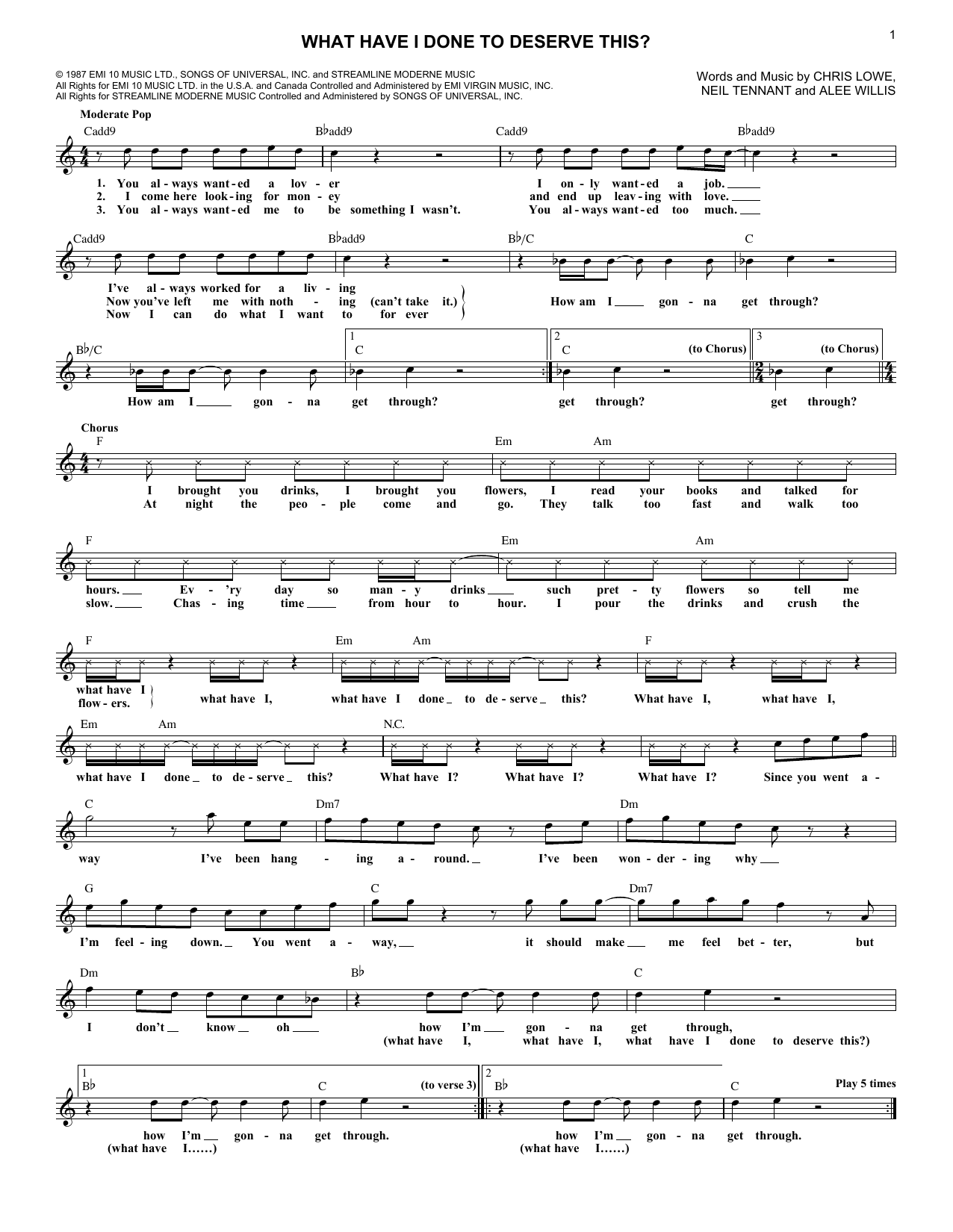 Download Pet Shop Boys & D. Springfield What Have I Done To Deserve This? Sheet Music and learn how to play Melody Line, Lyrics & Chords PDF digital score in minutes