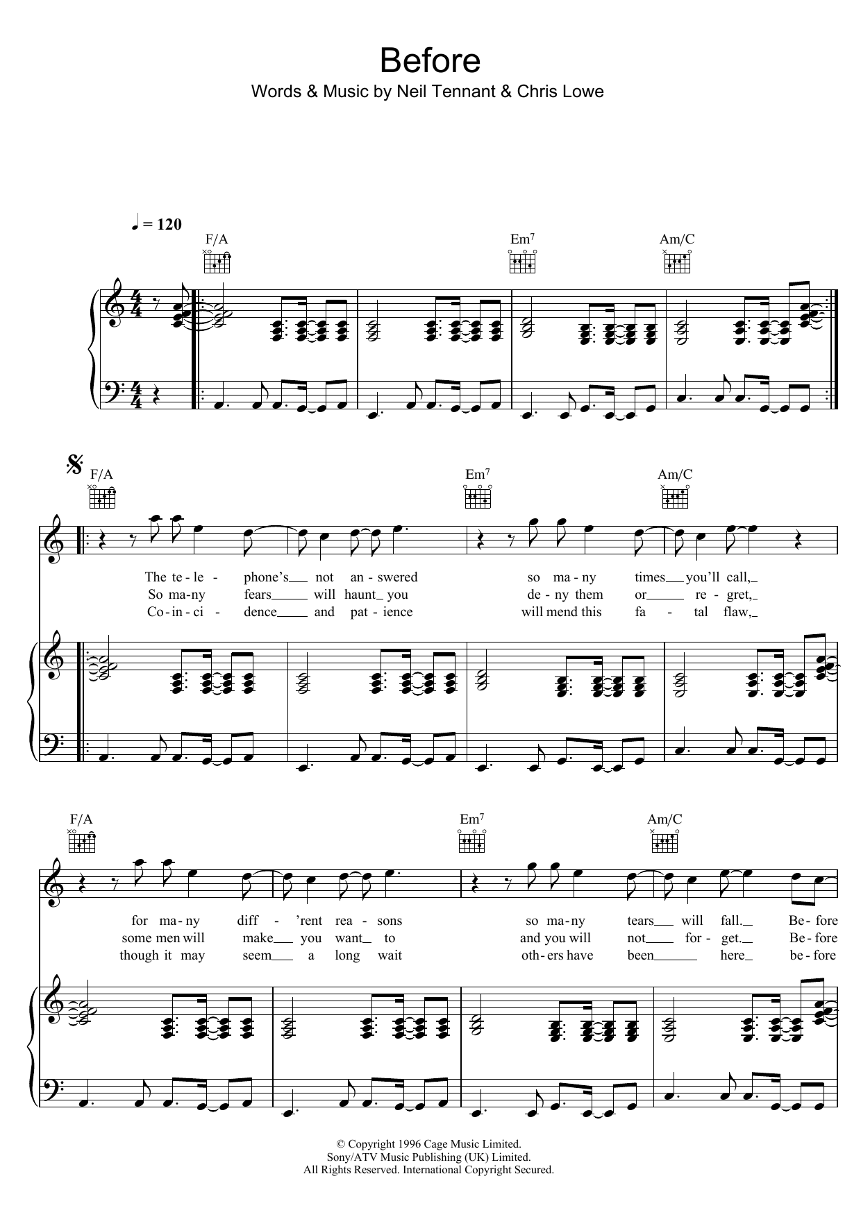 Download Pet Shop Boys Before Sheet Music and learn how to play Piano, Vocal & Guitar (Right-Hand Melody) PDF digital score in minutes