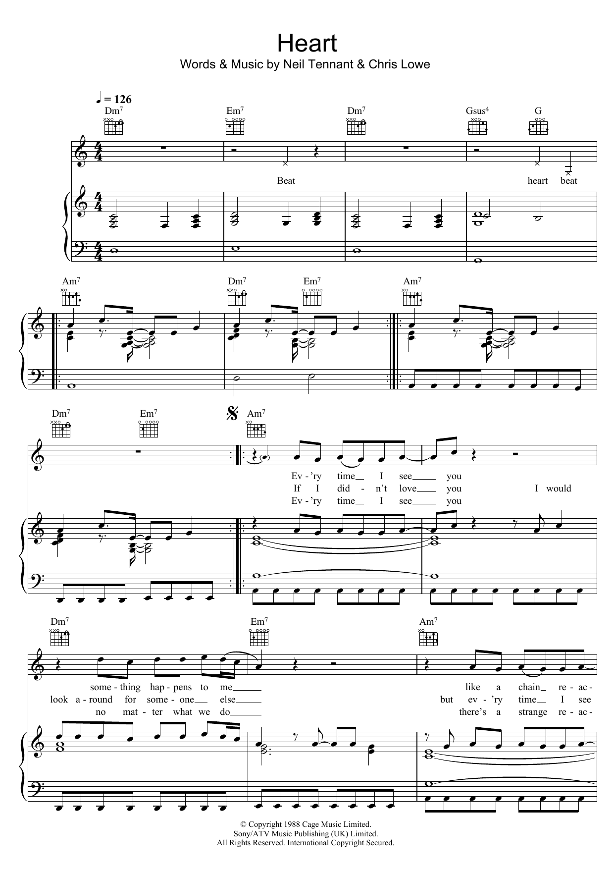 Download Pet Shop Boys Heart Sheet Music and learn how to play Piano, Vocal & Guitar (Right-Hand Melody) PDF digital score in minutes