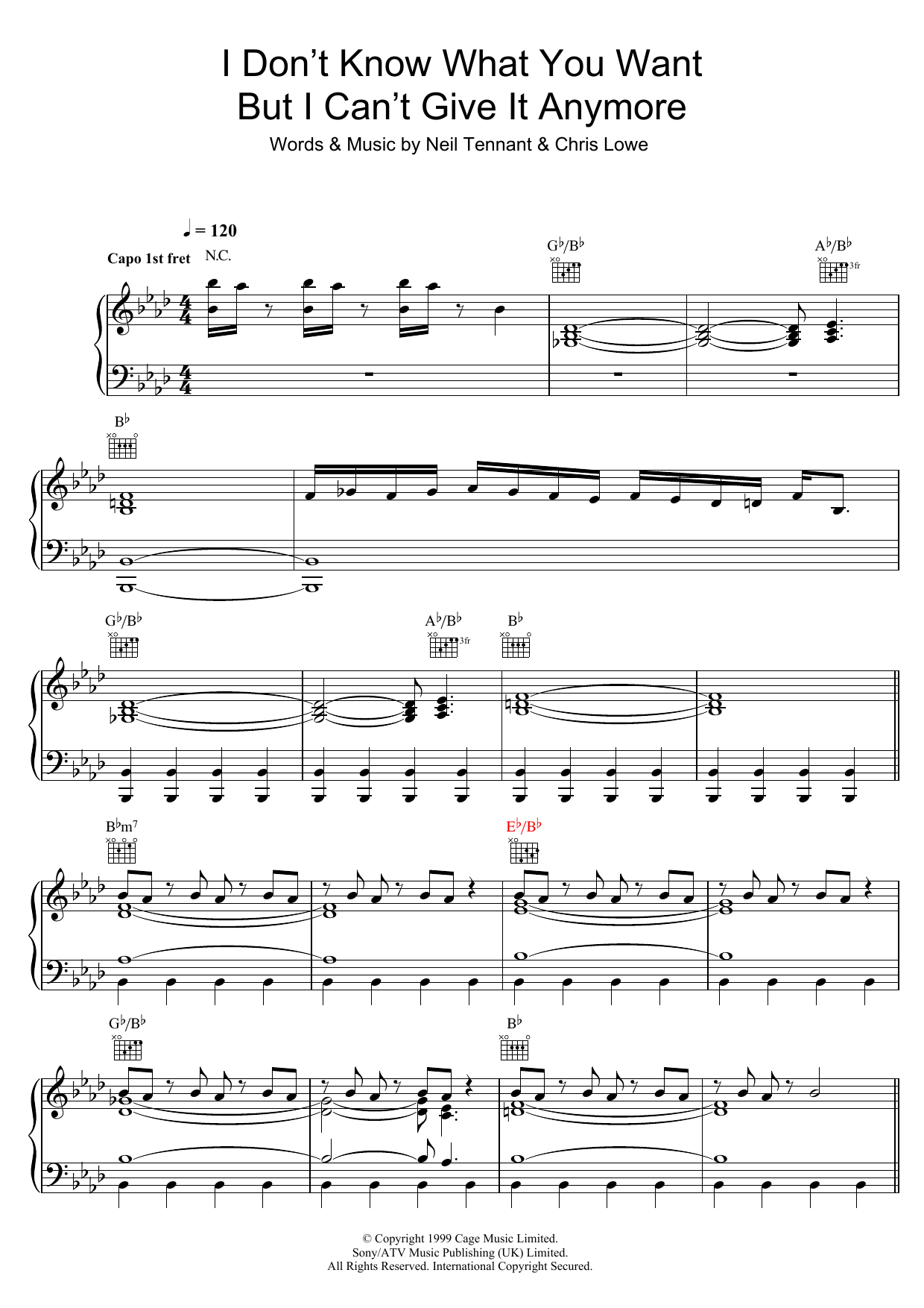 Download Pet Shop Boys I Don't Know What You Want But I Can't Give It Anymore Sheet Music and learn how to play Piano, Vocal & Guitar (Right-Hand Melody) PDF digital score in minutes