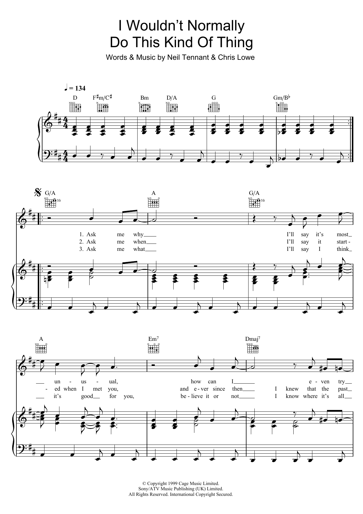 Download Pet Shop Boys I Wouldn't Normally Do This Kind Of Thing Sheet Music and learn how to play Piano, Vocal & Guitar (Right-Hand Melody) PDF digital score in minutes