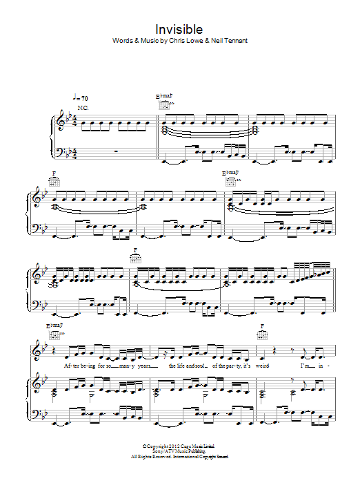 Download Pet Shop Boys Invisible Sheet Music and learn how to play Piano, Vocal & Guitar (Right-Hand Melody) PDF digital score in minutes