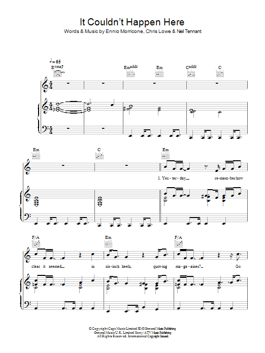Download Pet Shop Boys It Couldn't Happen Here Sheet Music and learn how to play Piano, Vocal & Guitar (Right-Hand Melody) PDF digital score in minutes