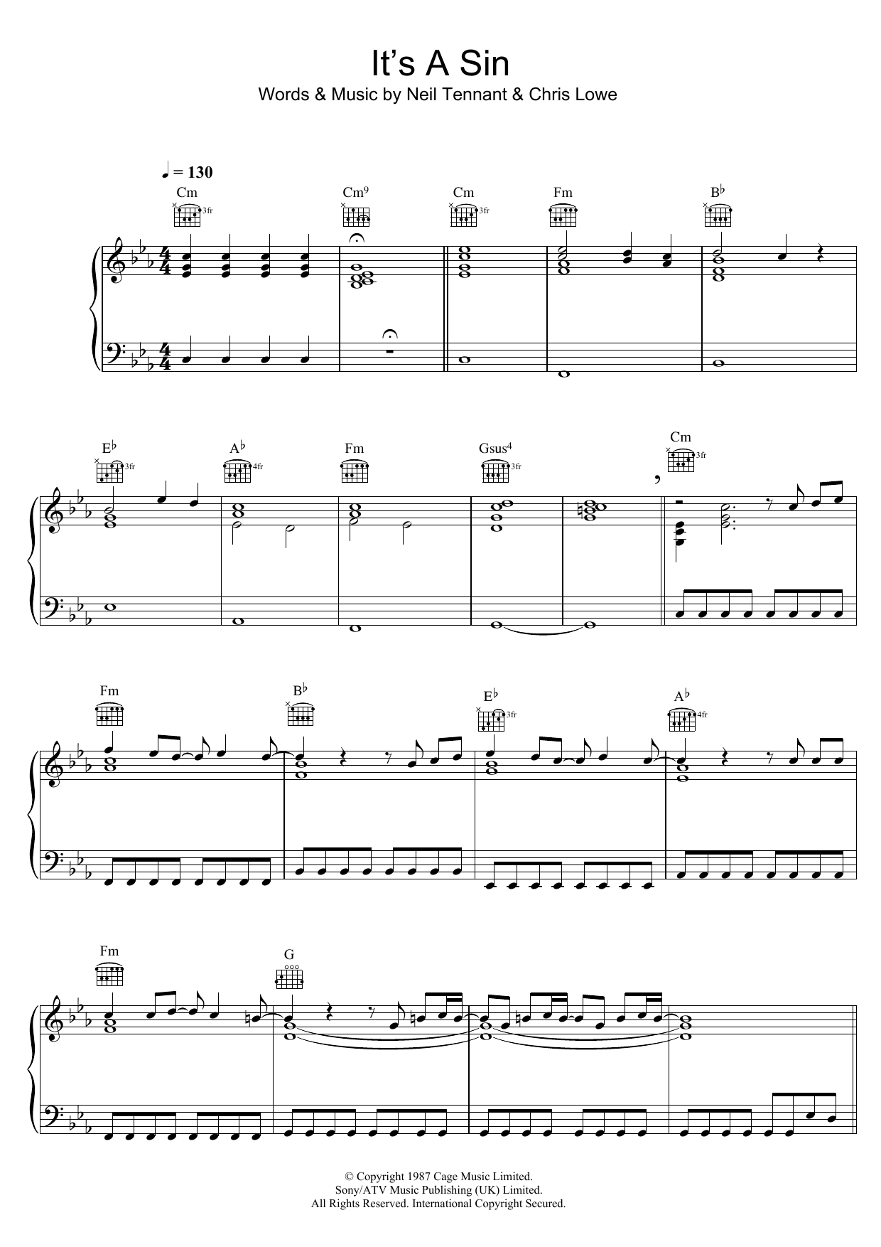 Download Pet Shop Boys It's A Sin Sheet Music and learn how to play Piano, Vocal & Guitar (Right-Hand Melody) PDF digital score in minutes