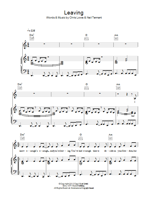 Download Pet Shop Boys Leaving Sheet Music and learn how to play Piano, Vocal & Guitar (Right-Hand Melody) PDF digital score in minutes