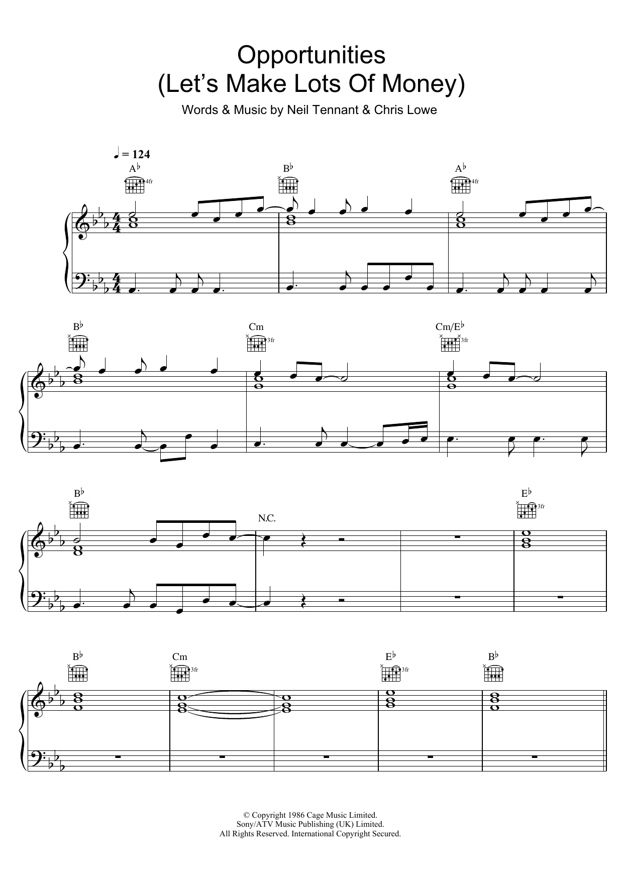 Download Pet Shop Boys Opportunities (Let's Make Lots Of Money) Sheet Music and learn how to play Piano, Vocal & Guitar PDF digital score in minutes