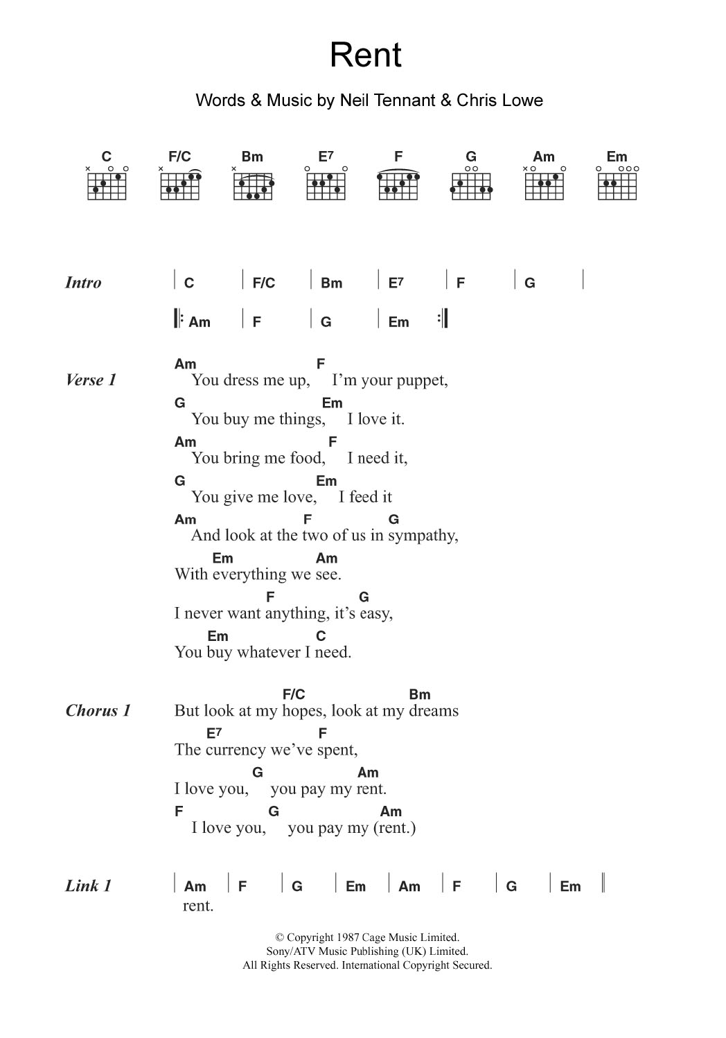 Download Pet Shop Boys Rent Sheet Music and learn how to play Guitar Chords/Lyrics PDF digital score in minutes