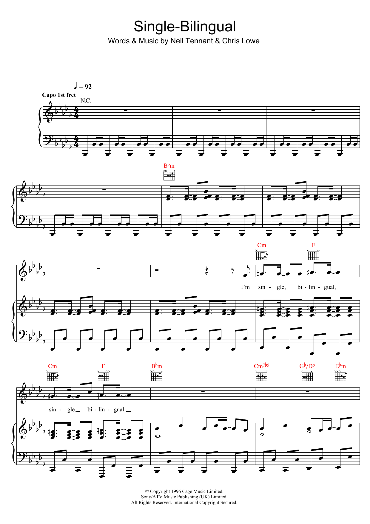 Download Pet Shop Boys Single-Bilingual Sheet Music and learn how to play Piano, Vocal & Guitar (Right-Hand Melody) PDF digital score in minutes