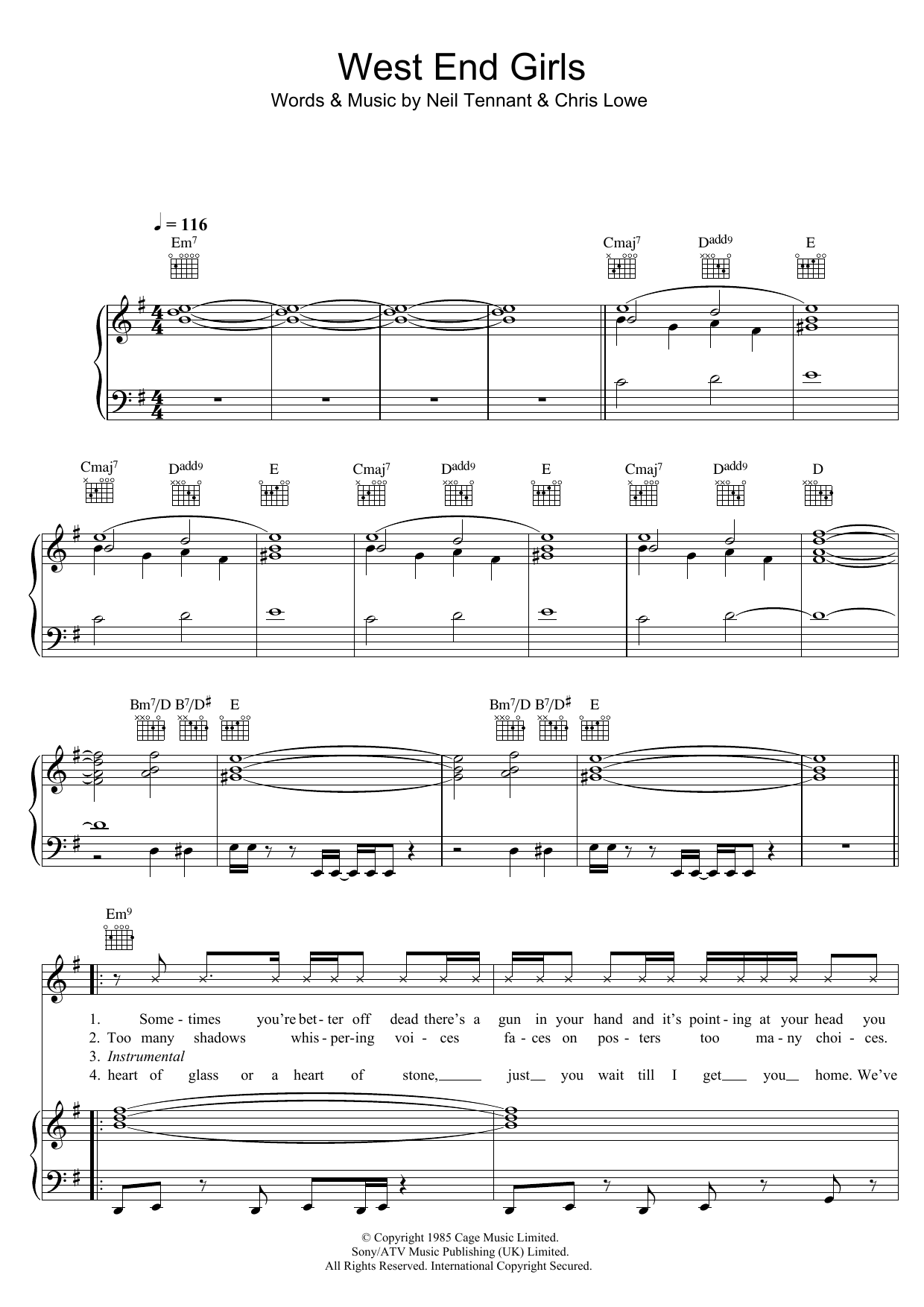 Download Pet Shop Boys West End Girls Sheet Music and learn how to play Piano, Vocal & Guitar PDF digital score in minutes