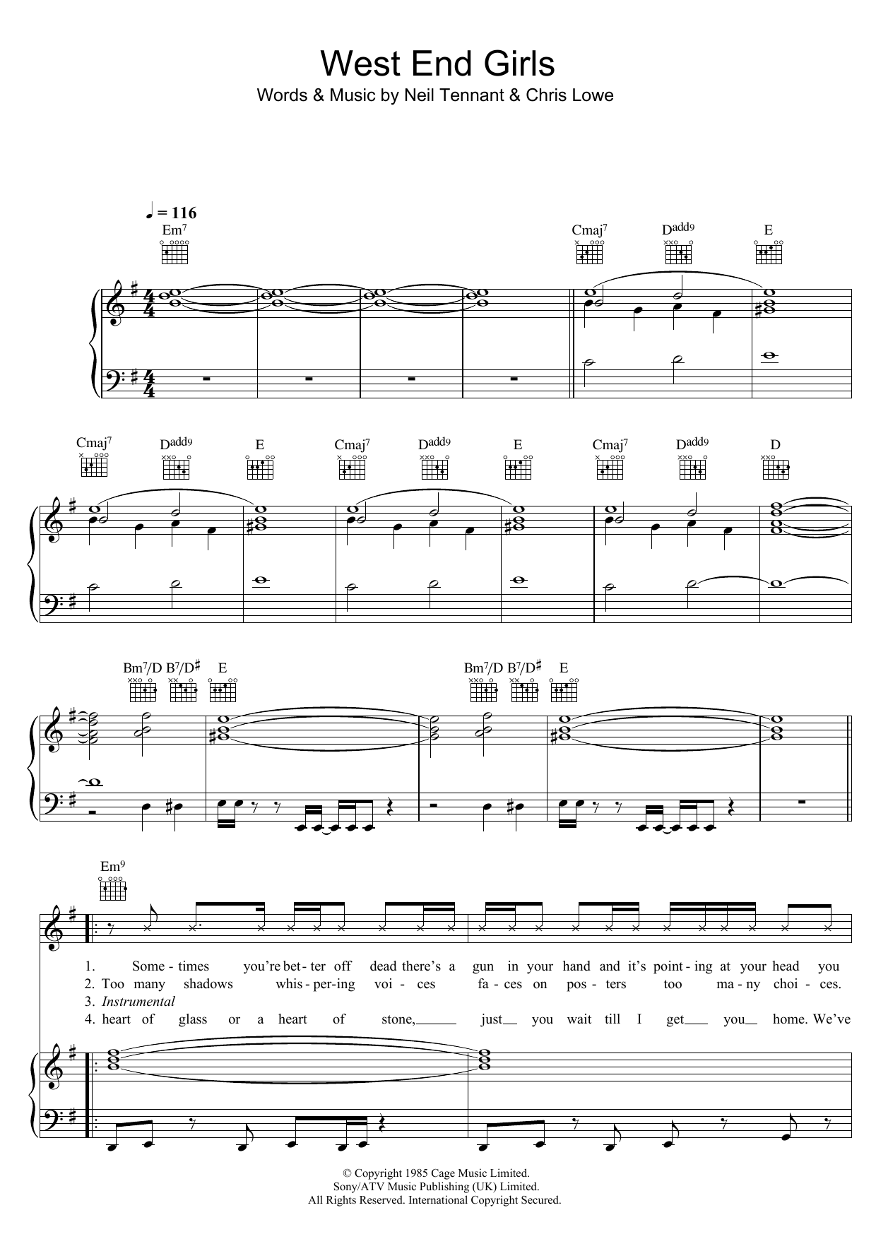 Download Pet Shop Boys West End Girls Sheet Music and learn how to play Guitar Chords/Lyrics PDF digital score in minutes