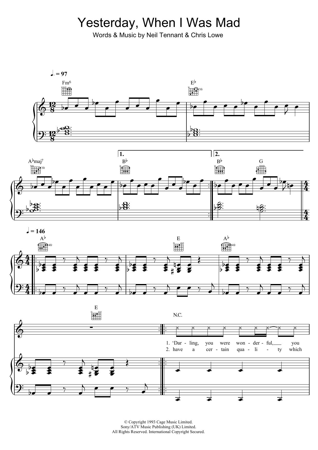 Download Pet Shop Boys Yesterday, When I Was Mad Sheet Music and learn how to play Piano, Vocal & Guitar (Right-Hand Melody) PDF digital score in minutes