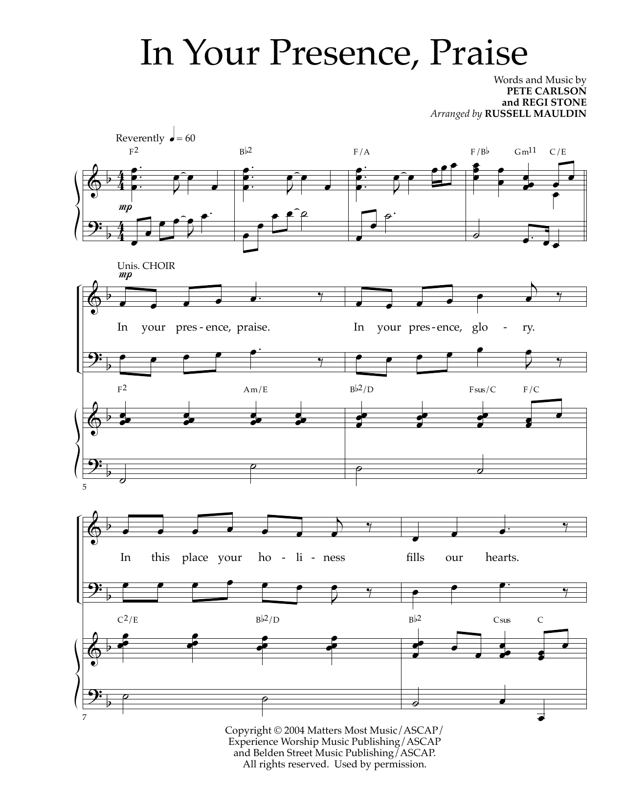 Download Pete Carlson and Regi Stone In Your Presence, Praise (arr. Russell Mauldin) Sheet Music and learn how to play SATB Choir PDF digital score in minutes