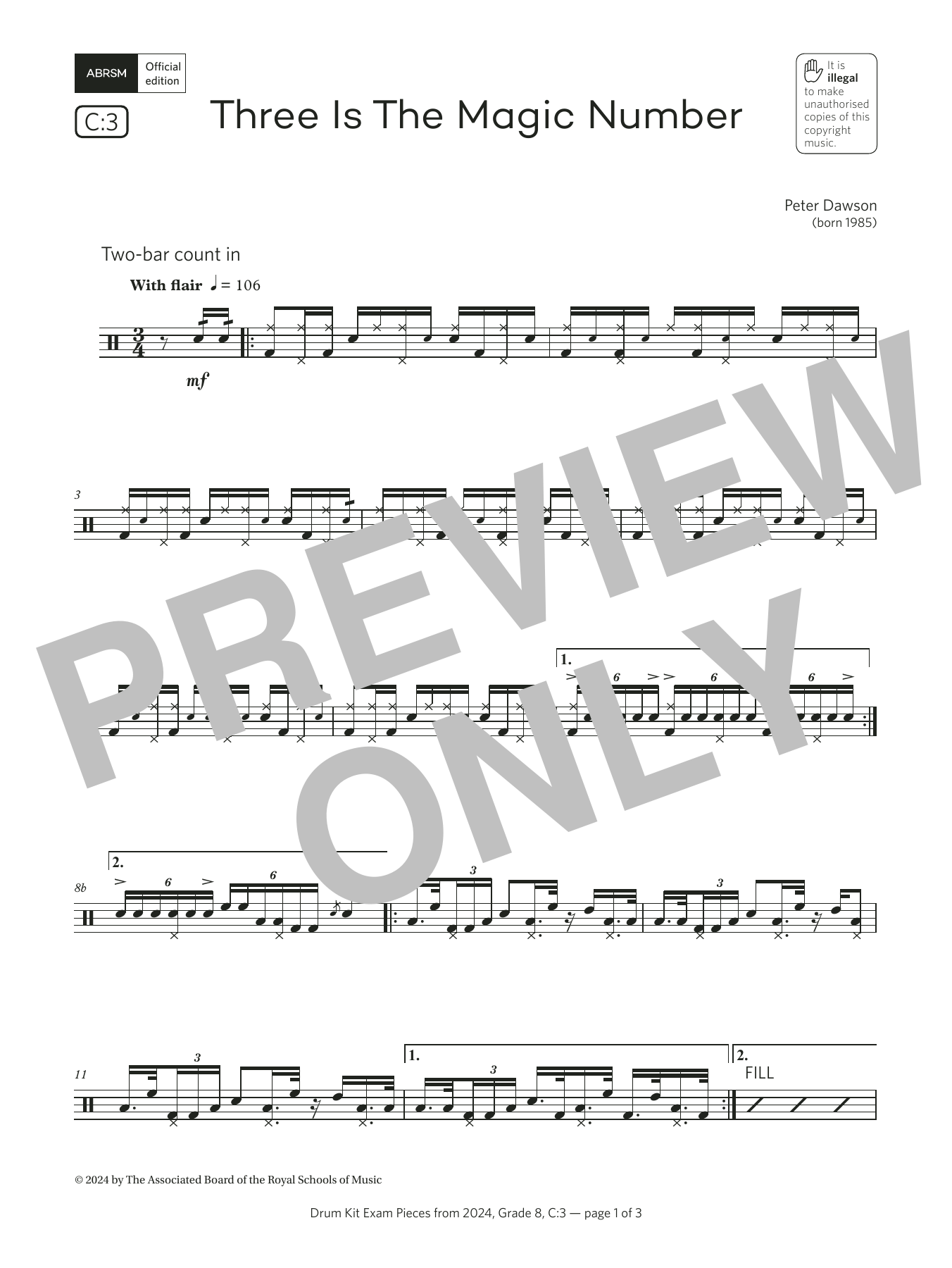 Download Pete Dawson Three Is The Magic Number (Grade 8, list C3, from the ABRSM Drum Kit Syllabus 20 Sheet Music and learn how to play Drums PDF digital score in minutes