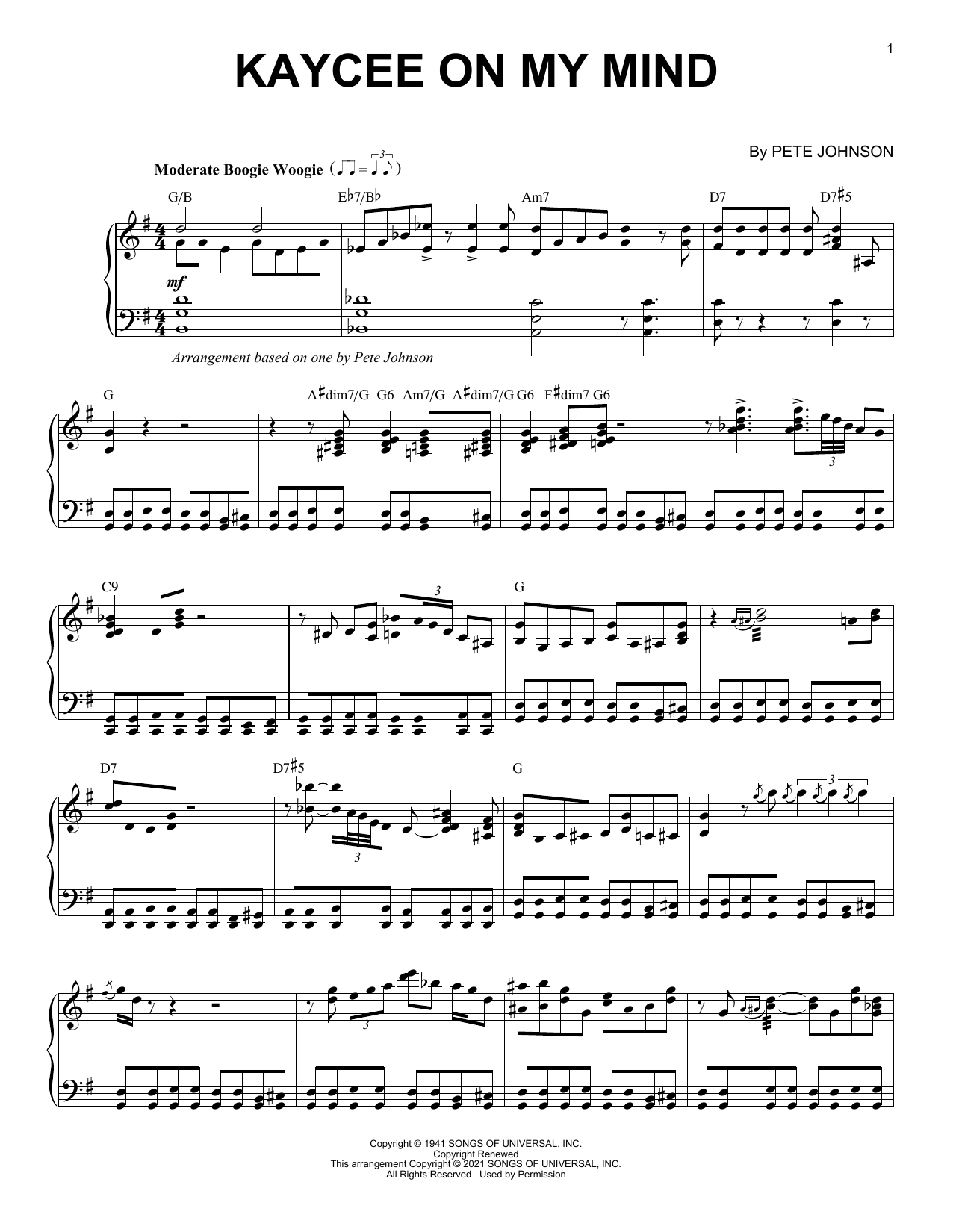 Download Pete Johnson Kaycee On My Mind (arr. Brent Edstrom) Sheet Music and learn how to play Piano Solo PDF digital score in minutes