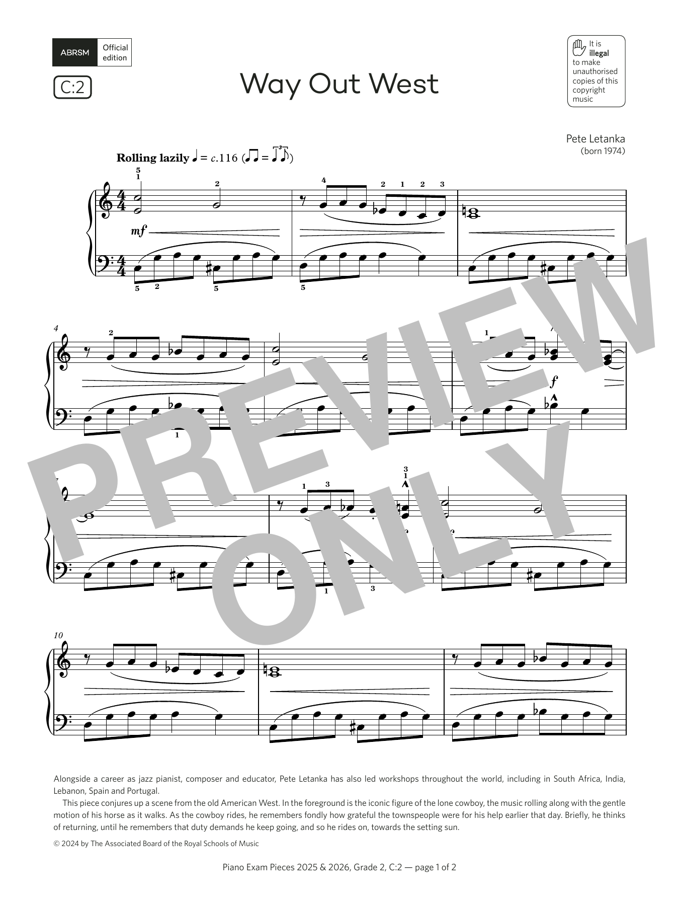 Download Pete Letanka Way Out West (Grade 2, list C2, from the ABRSM Piano Syllabus 2025 & 2026) Sheet Music and learn how to play Piano Solo PDF digital score in minutes