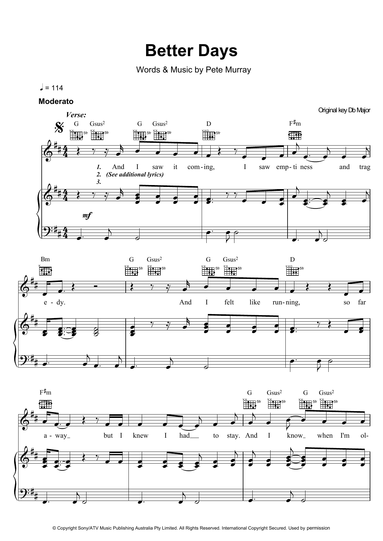 Download Pete Murray Better Days Sheet Music and learn how to play Beginner Piano PDF digital score in minutes