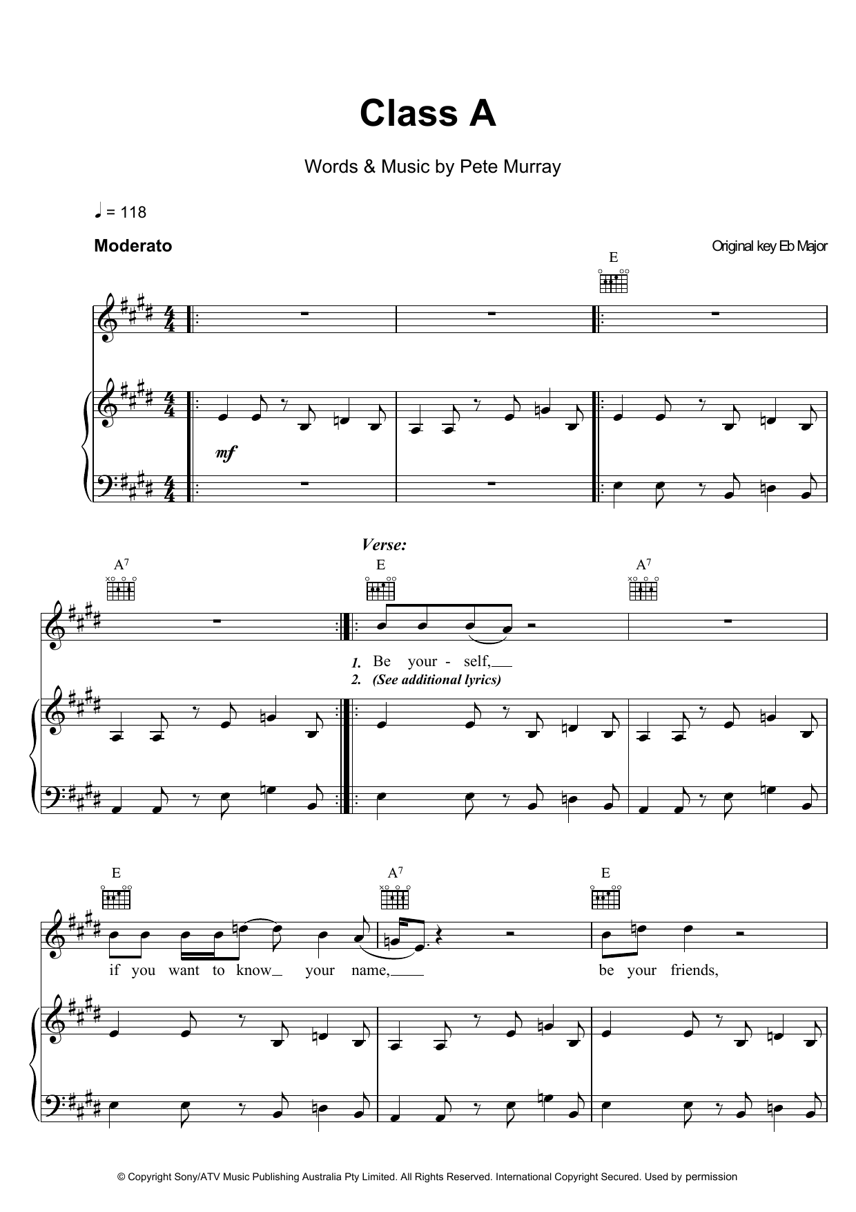 Download Pete Murray Class A Sheet Music and learn how to play Piano, Vocal & Guitar PDF digital score in minutes