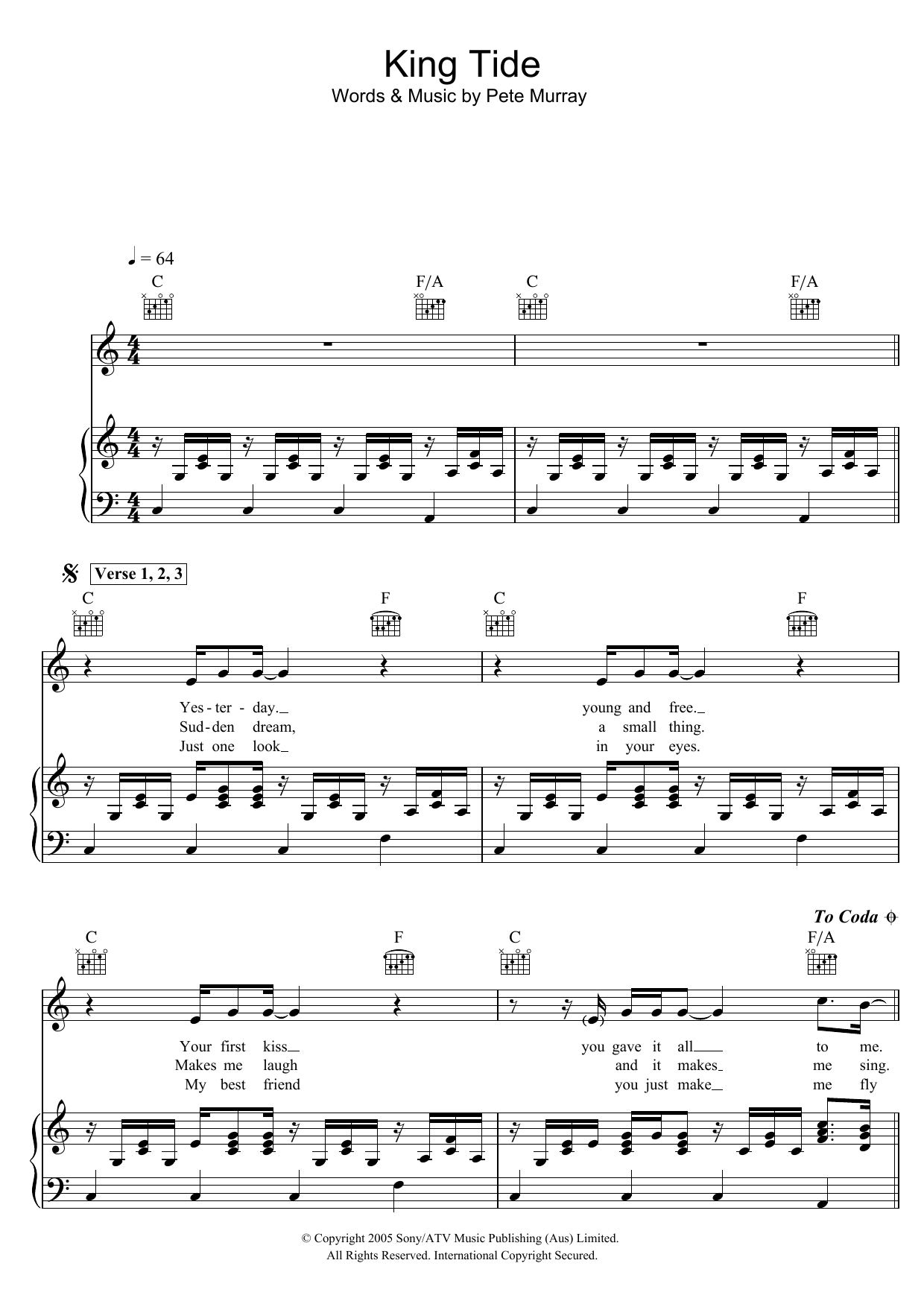 Download Pete Murray King Tide Sheet Music and learn how to play Piano, Vocal & Guitar (Right-Hand Melody) PDF digital score in minutes