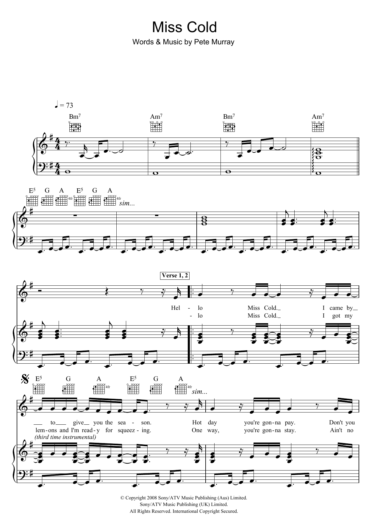 Download Pete Murray Miss Cold Sheet Music and learn how to play Piano, Vocal & Guitar (Right-Hand Melody) PDF digital score in minutes