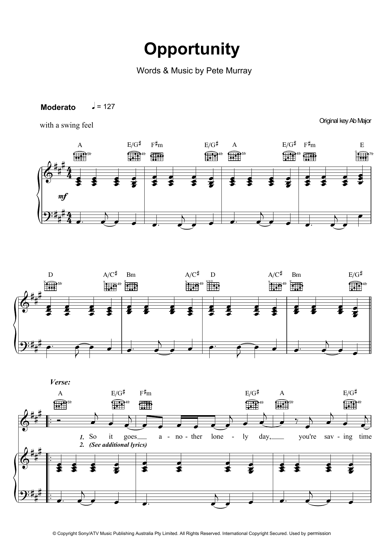 Download Pete Murray Opportunity Sheet Music and learn how to play Piano, Vocal & Guitar PDF digital score in minutes