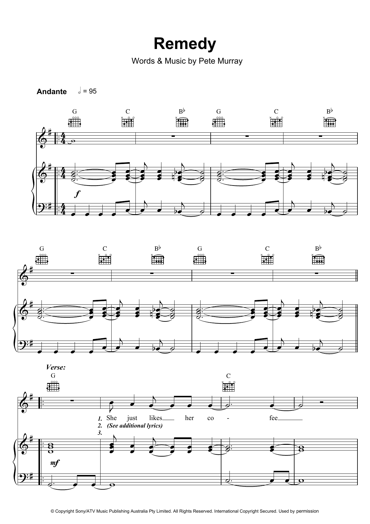 Download Pete Murray Remedy Sheet Music and learn how to play Piano, Vocal & Guitar (Right-Hand Melody) PDF digital score in minutes