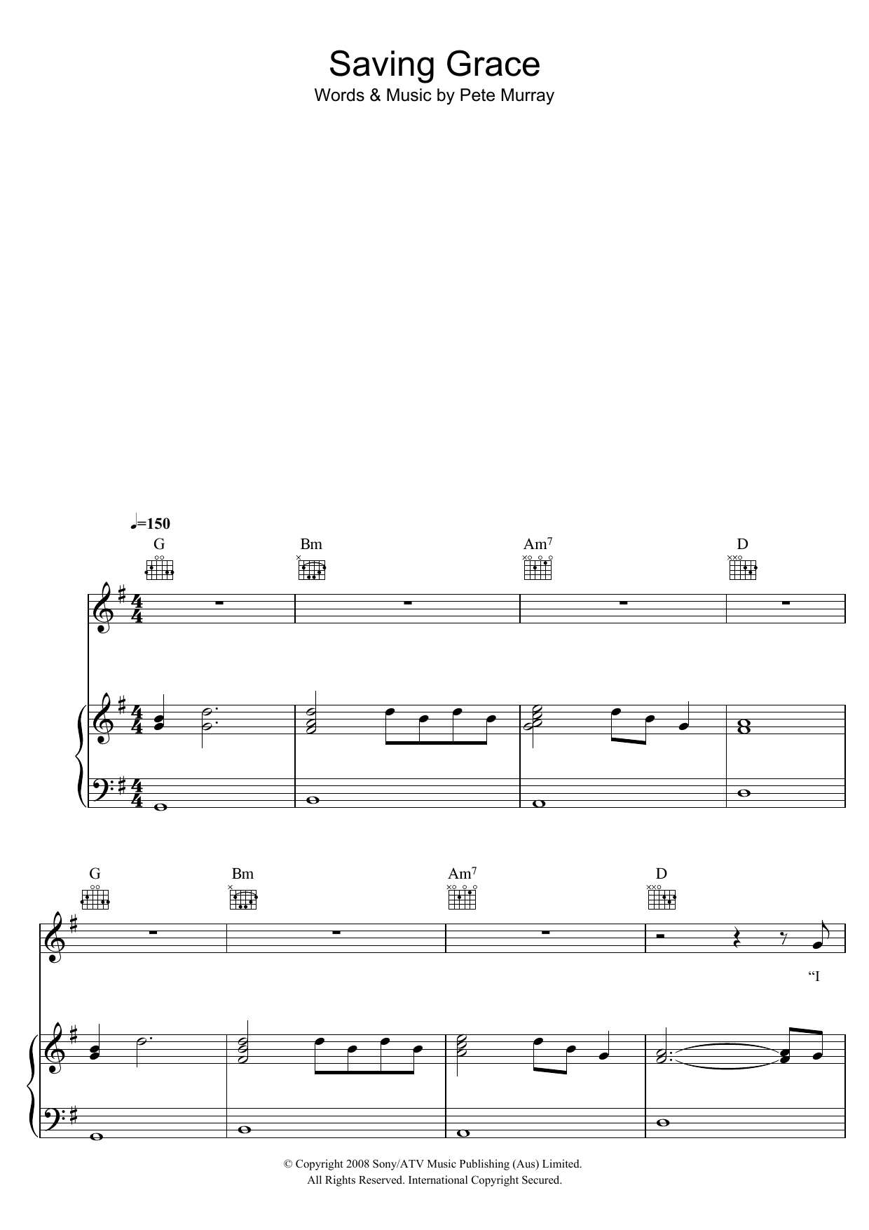 Download Pete Murray Saving Grace Sheet Music and learn how to play Piano, Vocal & Guitar (Right-Hand Melody) PDF digital score in minutes